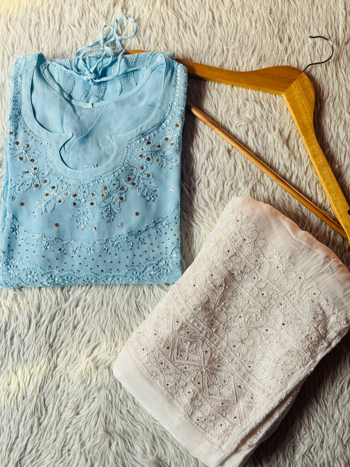 Pastel Blue Viscose Chikankari Kurta and Palazzo Set with Mukaish Work (New| Limited Stock)