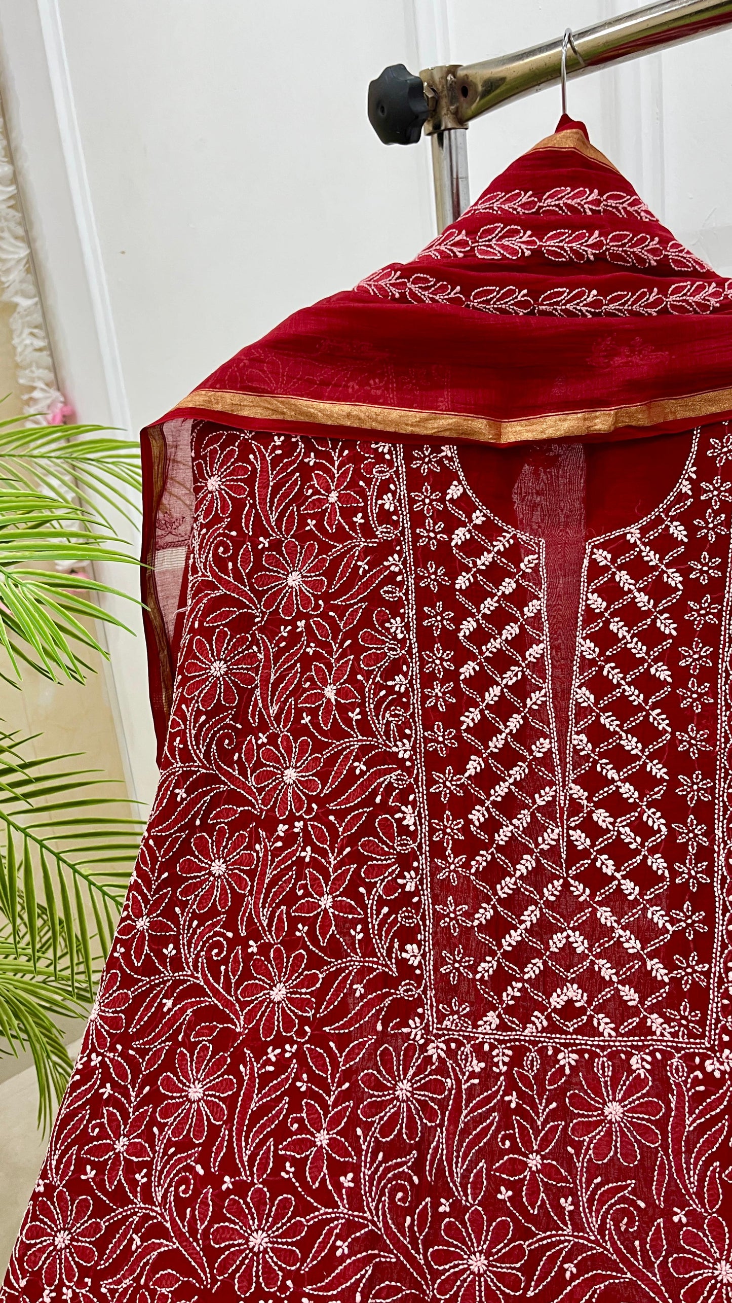 Red Premium Front Jaal Collection Pure Mul Chikankari Suit Set