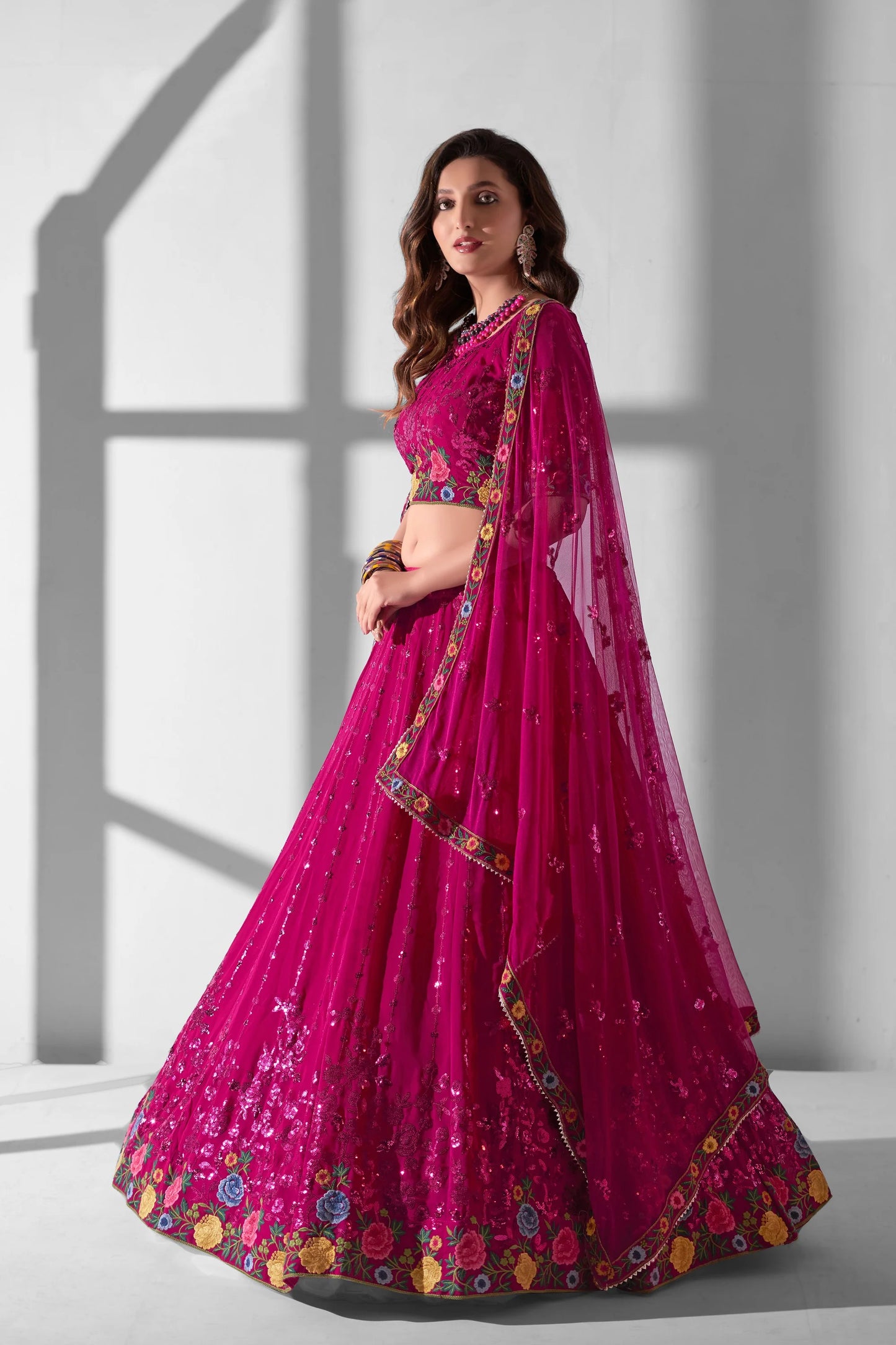 Pink Georgette Floral Embroidered Wedding Guest Lehenga Choli with Net