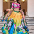Yellowish-Orange Multi-Color Floral Silk Lehenga Choli with Handwork & Print – A Regal Wedding & Festive Ensemble