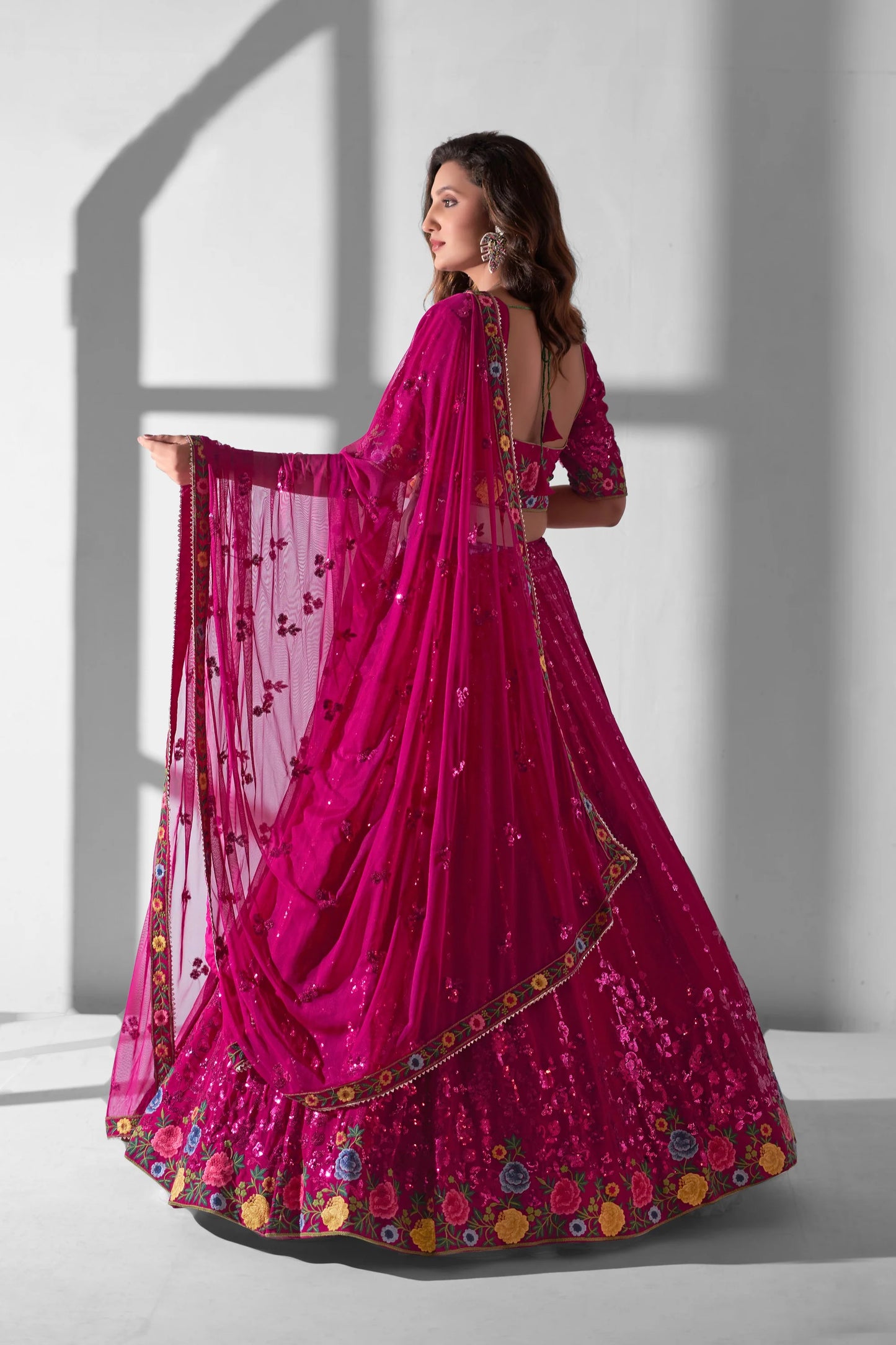 Pink Georgette Floral Embroidered Wedding Guest Lehenga Choli with Net