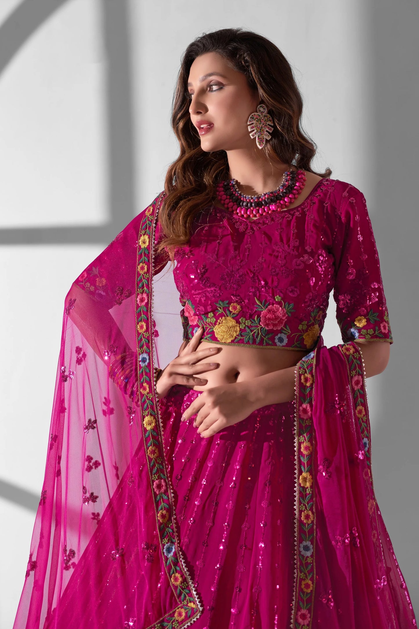 Pink Georgette Floral Embroidered Wedding Guest Lehenga Choli with Net