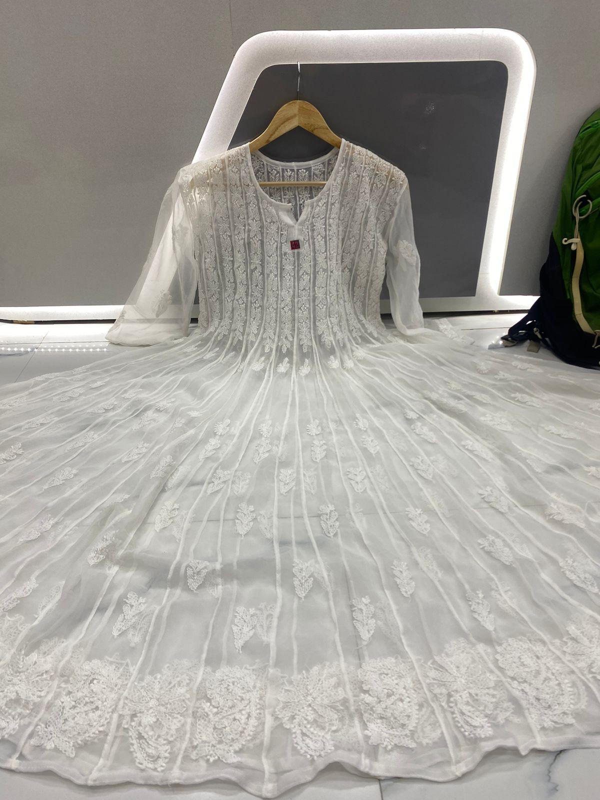 White 56" Kali Chikankari Anarkali with Inner - Inayakhan Shop 