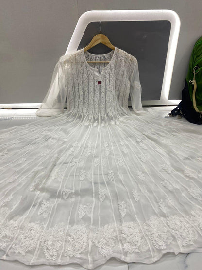 White 56" Kali Chikankari Anarkali with Inner - Inayakhan Shop 