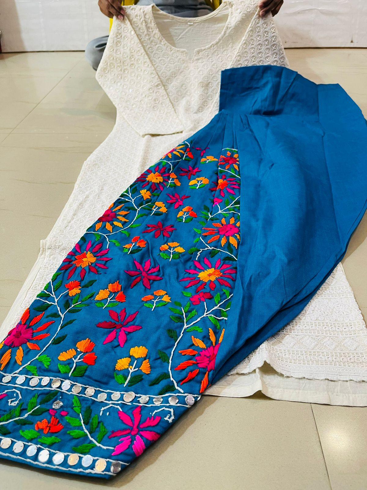 White and Blue Sequined Splendor Chikankari Kurti and Patiala Salwar Set - Inayakhan Shop 