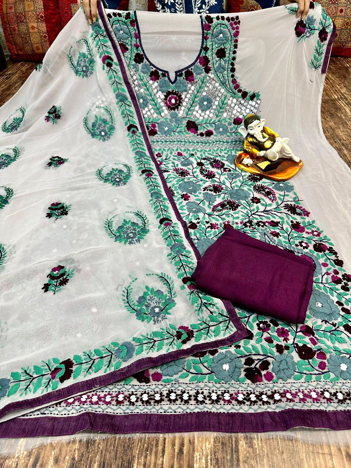 White & Blue Super Georgette Phulkari Suits with Beautiful Embroidery Shopping Online - Inayakhan Shop 