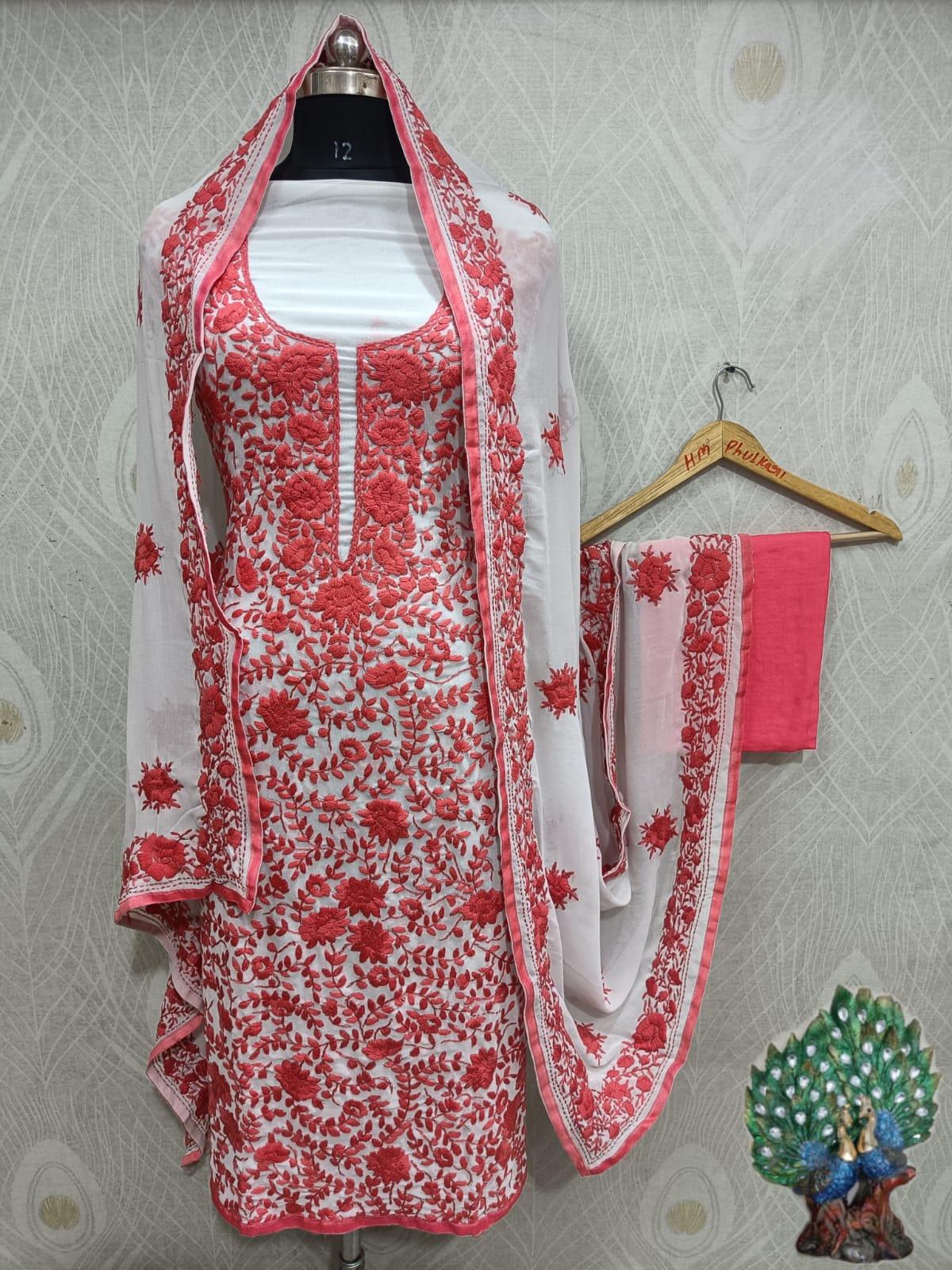 White & Light Pink Special Georgette Phulkari Suit with Beautiful Floral Embroidery Shopping Online - Inayakhan Shop 