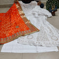White & Orange Sparkling Sequins Bandhani dupatta Gotta patti Sharara Sequins Kurti emsemble