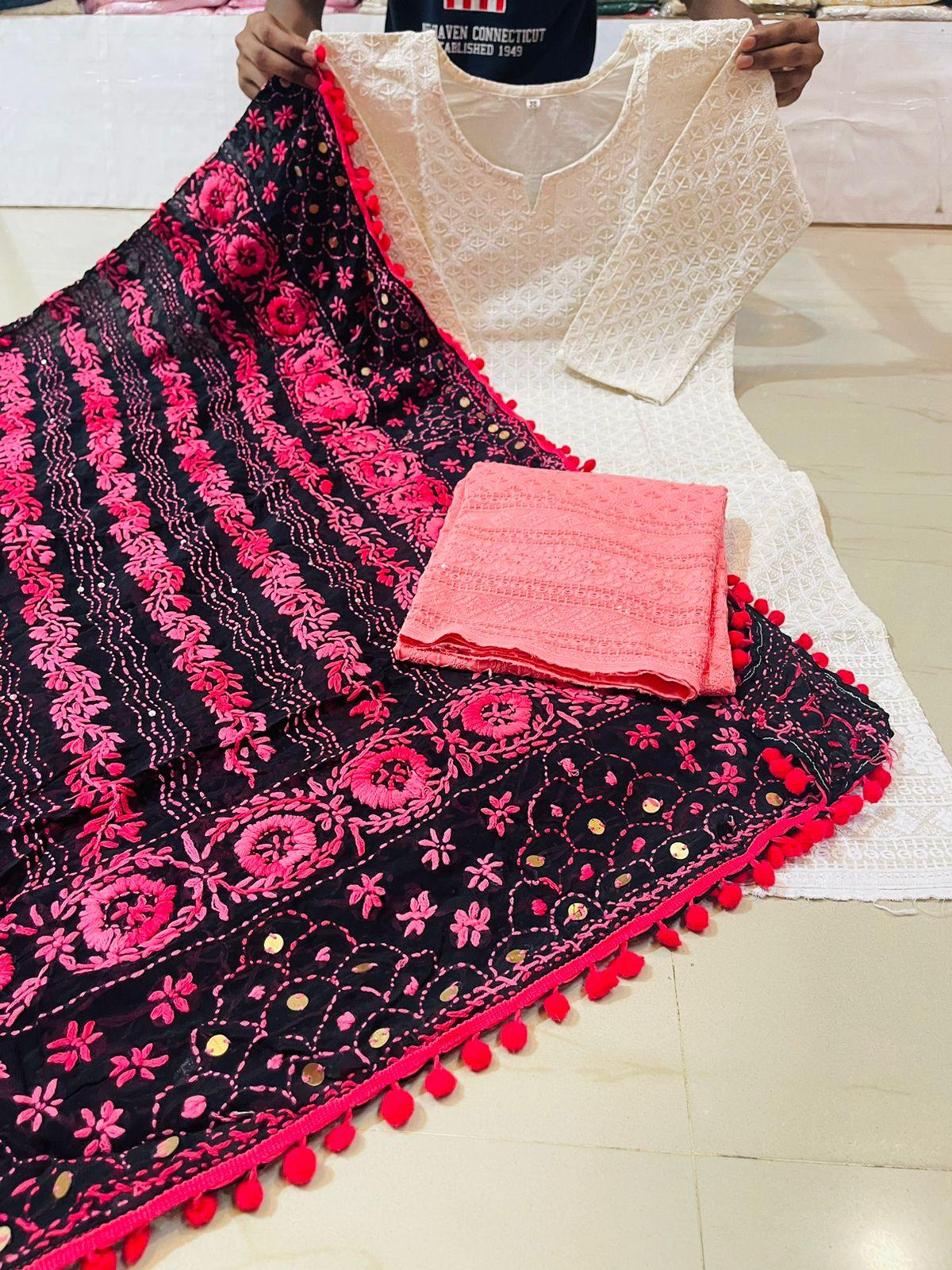 White & Pink Chikankari Sequin Work Ready-to-Wear Kurti, Plazo, and Dupatta Set - Inayakhan Shop 
