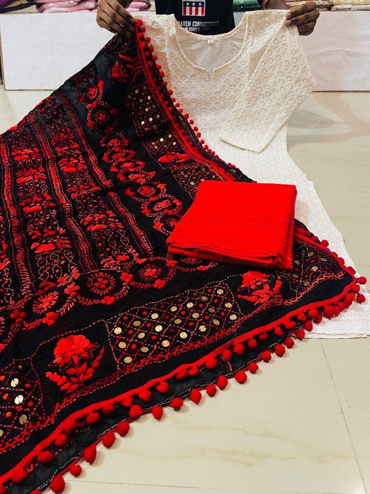 White & Red Chikankari Sequin Work Ready-to-Wear Kurti, Plazo, and Dupatta Set - Inayakhan Shop 