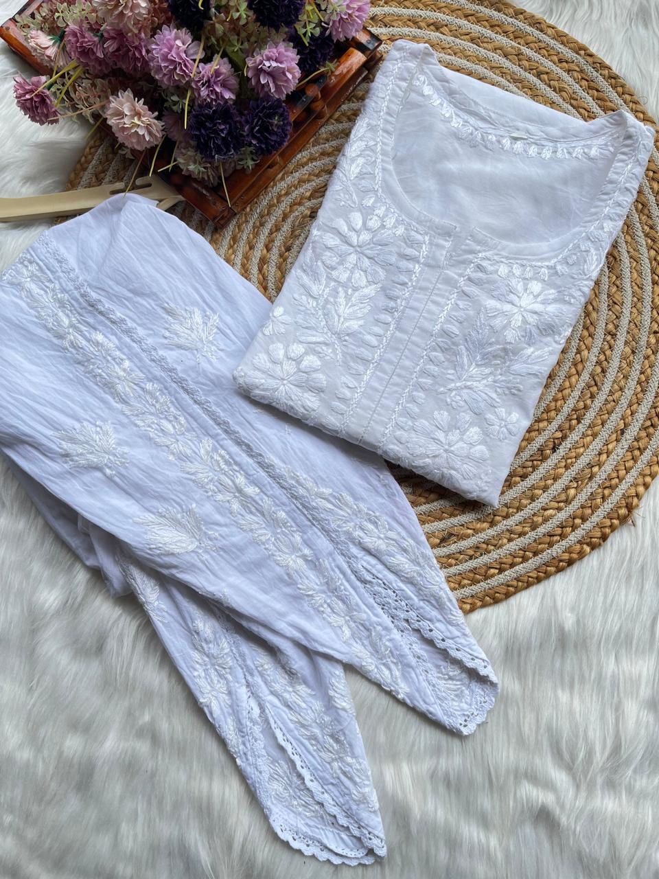 White Chanderi Silk Short Chikankari Kurti and Cotton Dhoti Tulip Pant Co-ord Set - Inayakhan Shop 