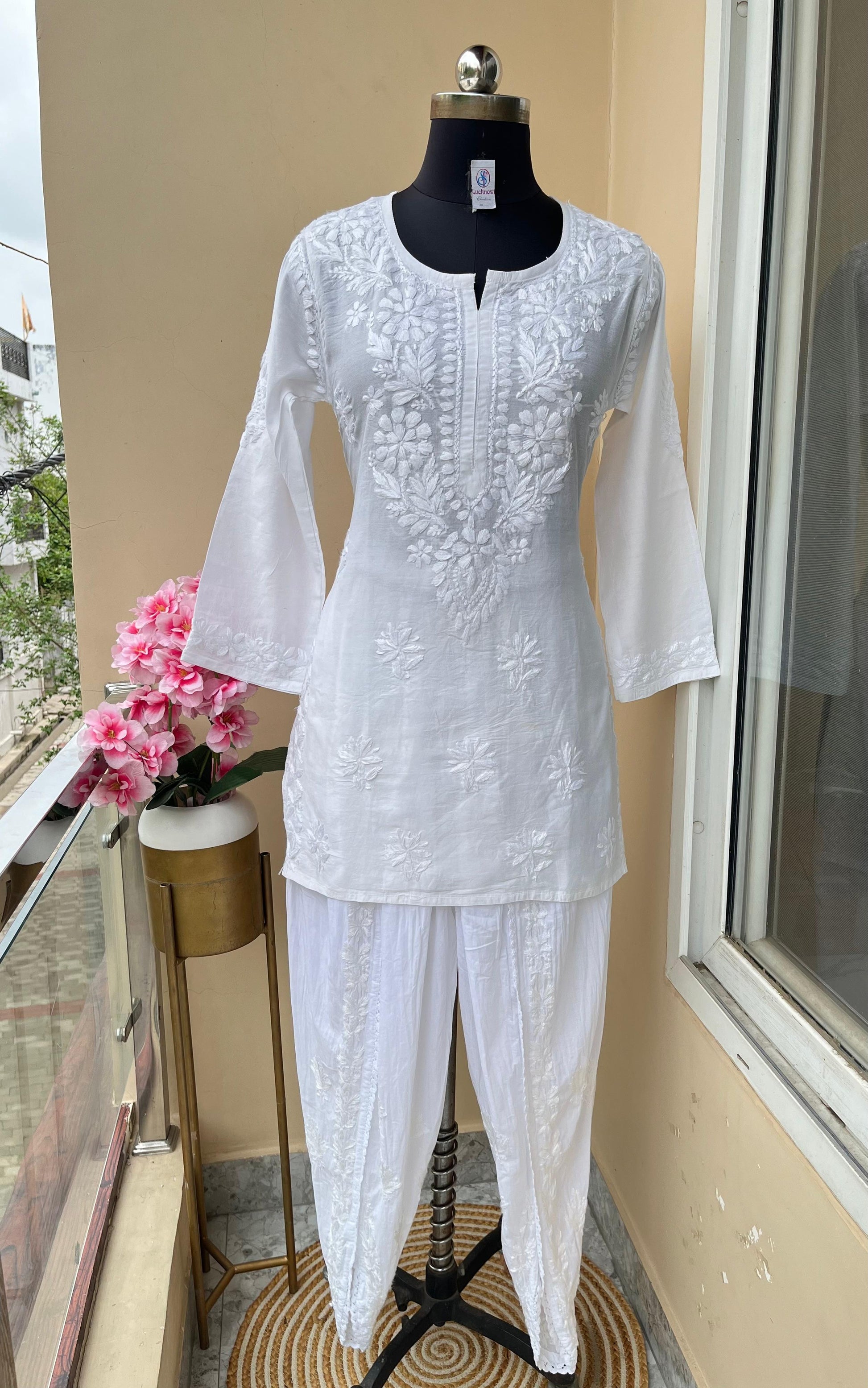 White Chanderi Silk Short Chikankari Kurti and Cotton Dhoti Tulip Pant Co-ord Set - Inayakhan Shop 