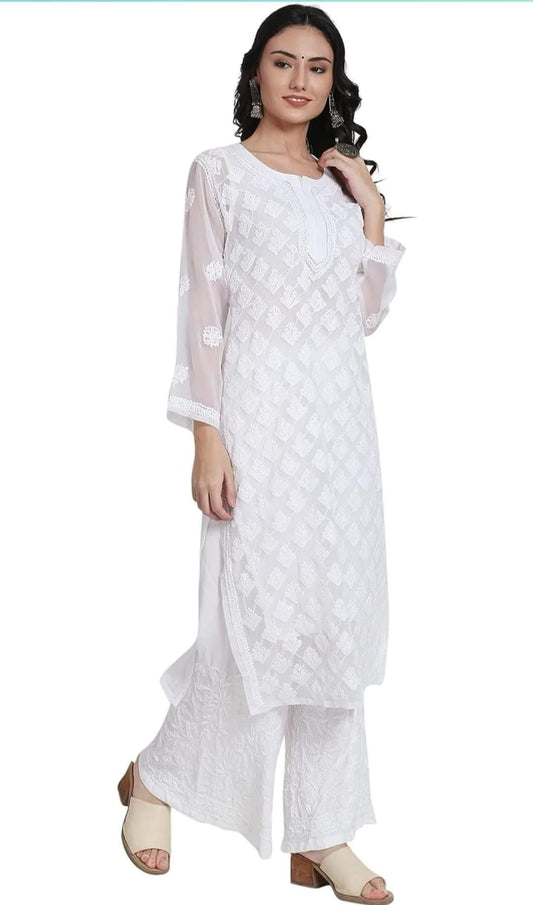 White Chikankari Elegance: Long Chiffon Kurti Set - Inayakhan Shop 