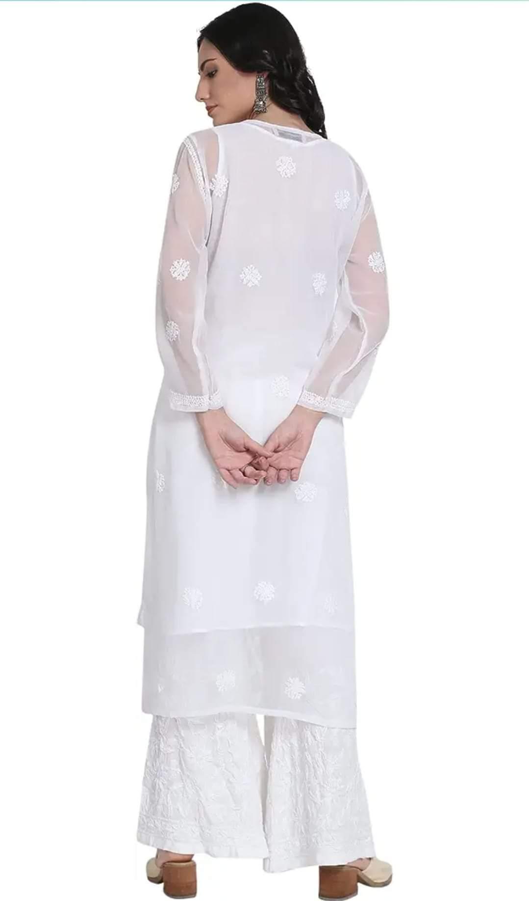 White Chikankari Elegance: Long Chiffon Kurti Set - Inayakhan Shop 