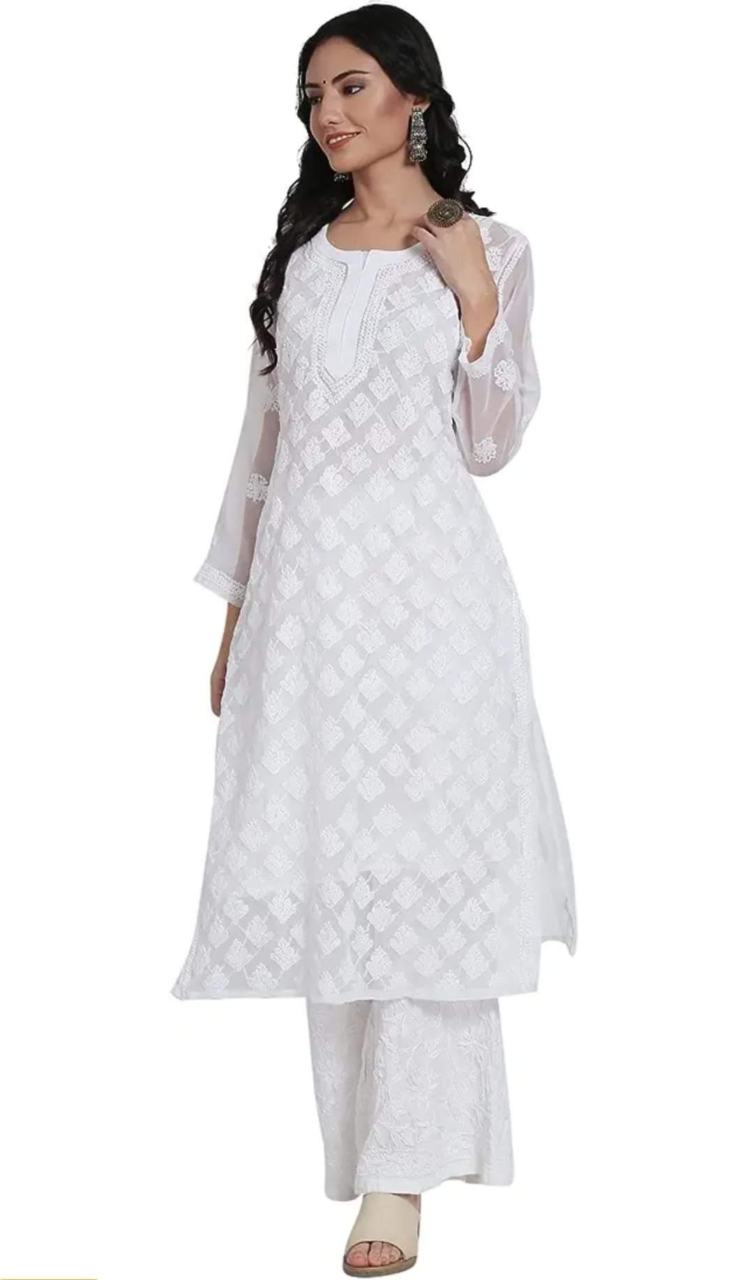 White Chikankari Elegance: Long Chiffon Kurti Set - Inayakhan Shop 