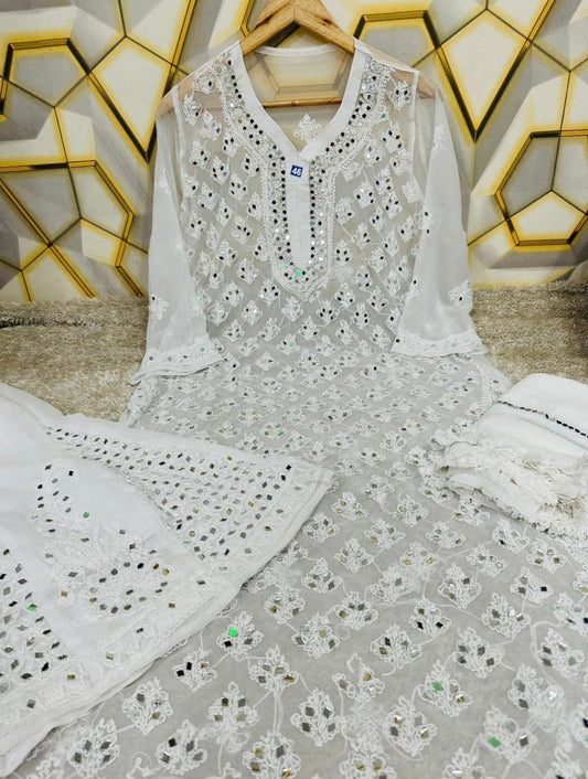 White Chikankari Elegance Ombré Mirror Booti Jaal Set - Kurti, Sharara & Dupatta - Inayakhan Shop 
