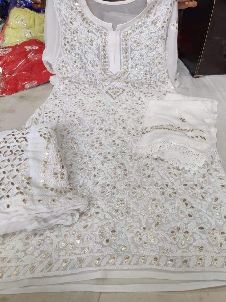 White Chikankari Gotta Patti 3 Pc Set + Jutti combo - Inayakhan Shop 