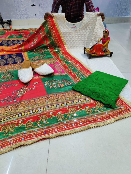 White Chikankari Kurta and Green Pallazo With Jutti and Beautiful Multicolor Pakistani Mirror Dupatta - Inayakhan Shop 