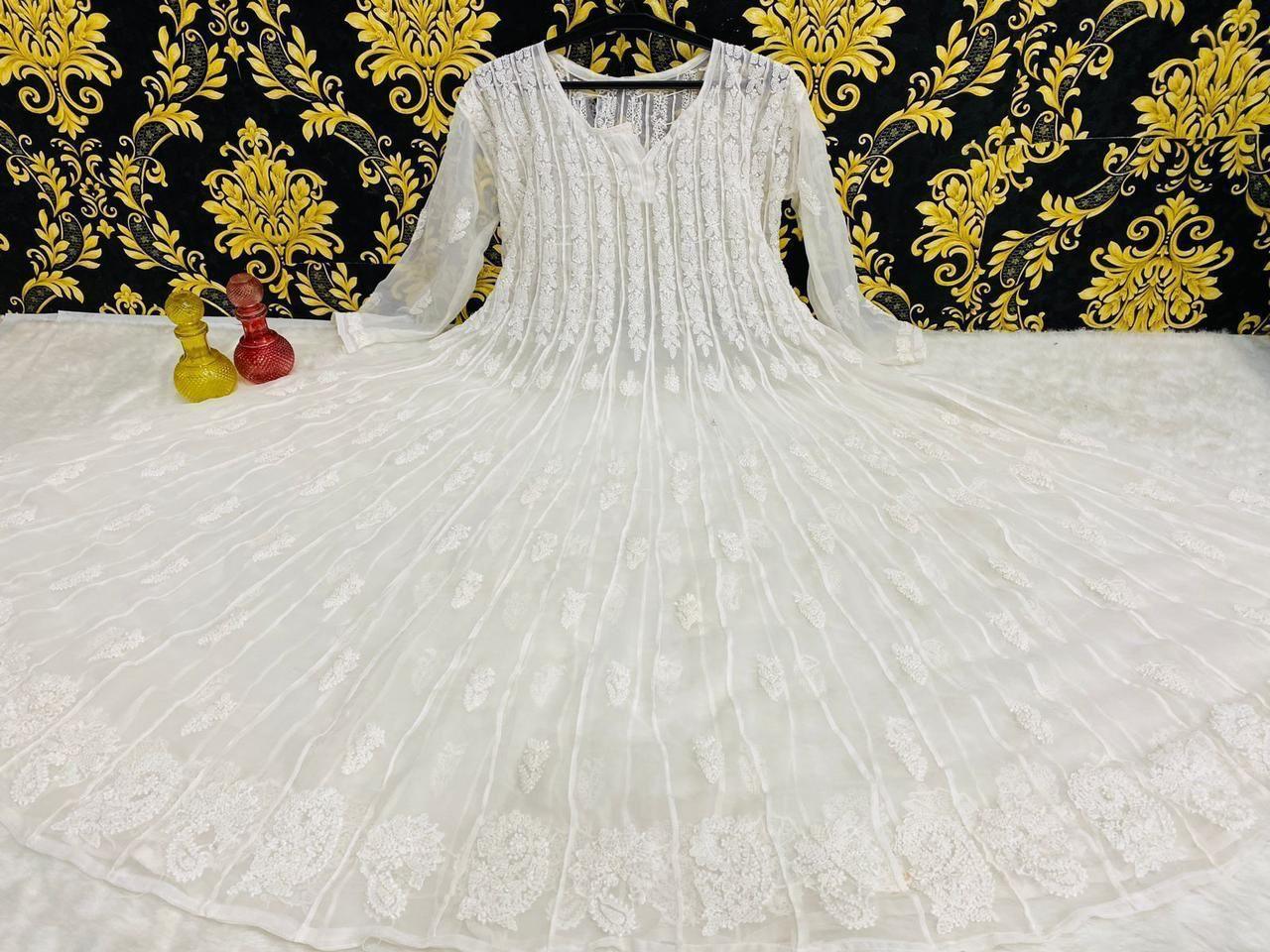 White Color Classic Lucknow Chikankari Anarkali Gown 56 inch Kali Sharara Dupatta