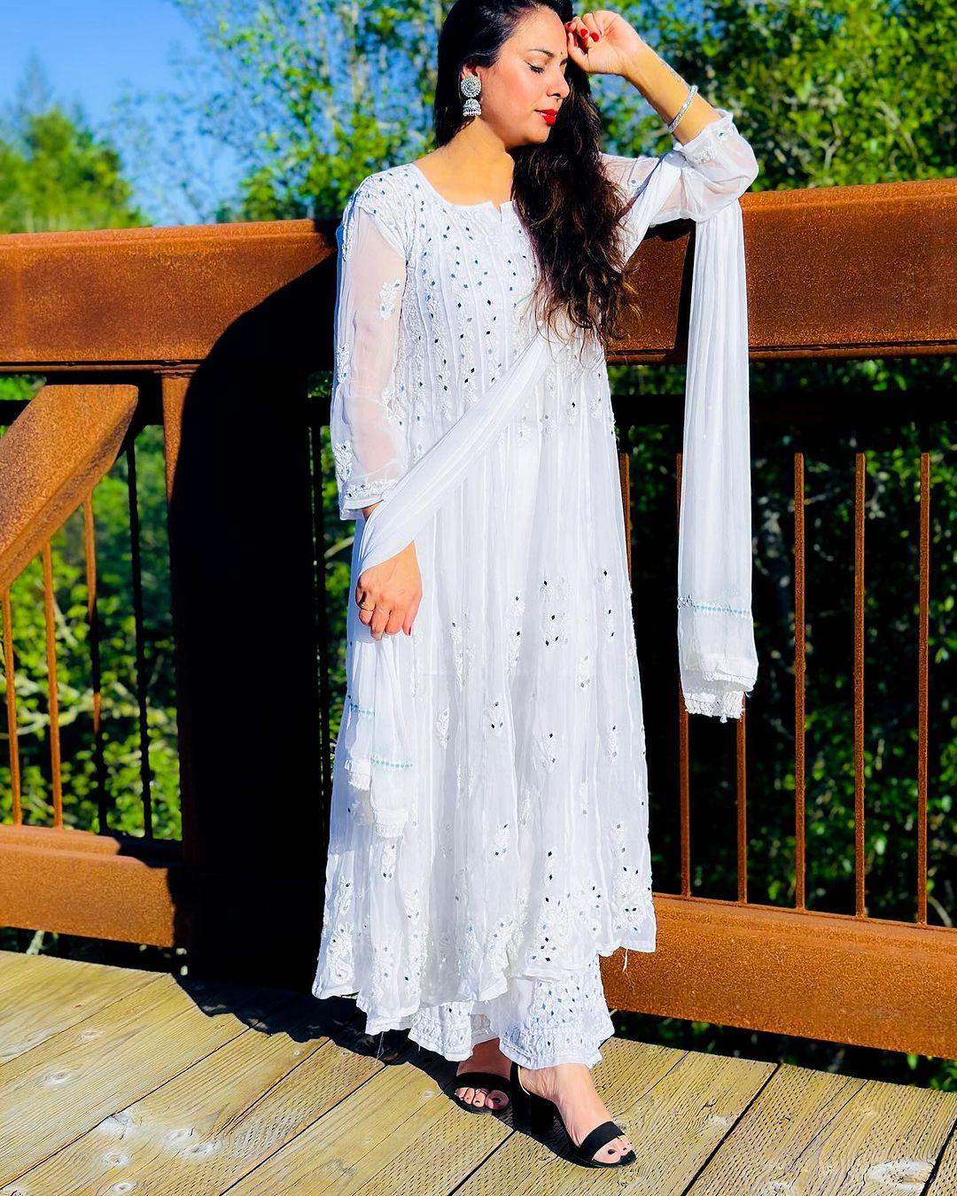 White Color Classic Lucknow Chikankari Anarkali Gown 56 inch Kali , Sharara , Dupatta - Inayakhan Shop 