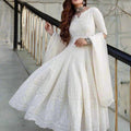 White Cotton Chikankari Anarkali Embroidered Gown Kurta with Dupatta Set