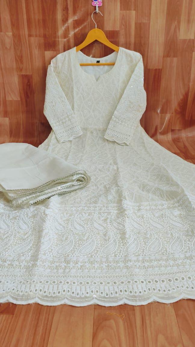 White Cotton Chikankari Anarkali Embroidered Gown Kurta with Dupatta Set