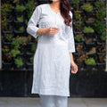 White Cotton Crochet Button Lucknowi Chikankari Kurti + Palazzo Co-ord Set