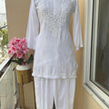 White Cotton Rayon Short Kurti + Cotton Dhoti Pant Lucknow Chikankari Co-ord Set