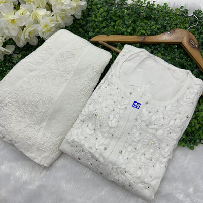 White Elegance in Rayon Mukaish Hand-Embroidered Kurti and Free-Size Sharara Set