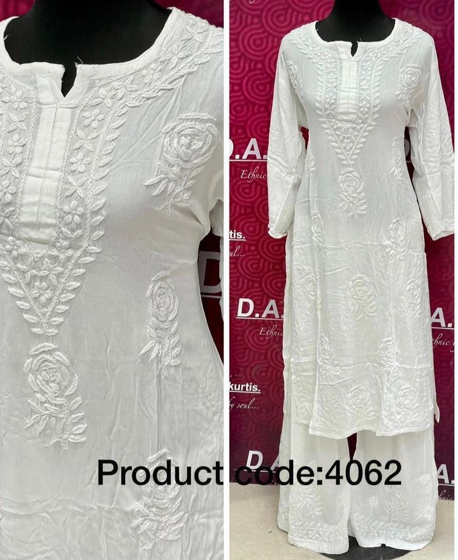 White Elegance Unveiled: Cotton Top with Plazzo Set and Exquisite Hand Work Embroidery - Inayakhan Shop 