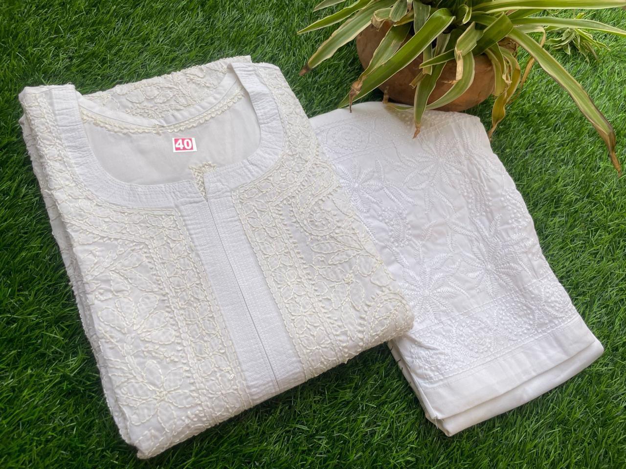 White Exclusive Cotton Voile Chikankari Handwork Kurti with Pants - Inayakhan Shop 