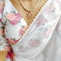 White Floral Summer Classy Georgette Printed Saree with Pearl Lace Border