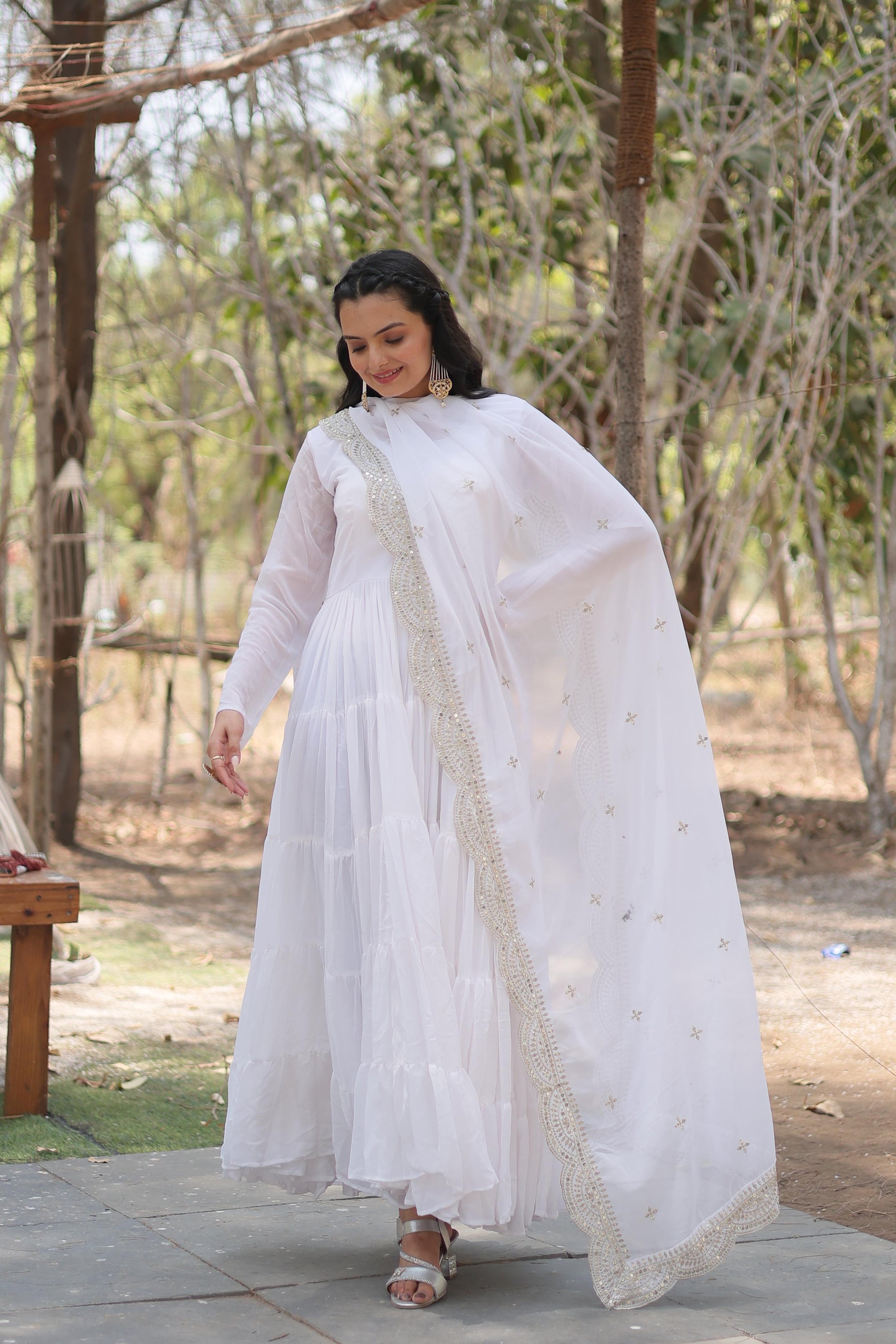 White Fully Flared Gown with Designer Embroidered Dupatta - Inayakhan Shop 