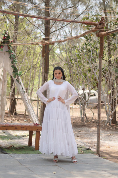 White Fully Flared Gown with Designer Embroidered Dupatta - Inayakhan Shop 