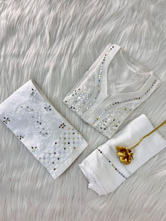 White Georgette Mirror Gala Booti Chikankari Set with Beautiful Handwork Embroidery - Inayakhan Shop 