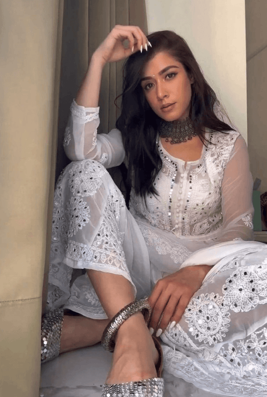 White Glimmering Georgette Mirror Work Short Gown, Dupatta, and Sharara Full Combo Set - Inayakhan Shop 