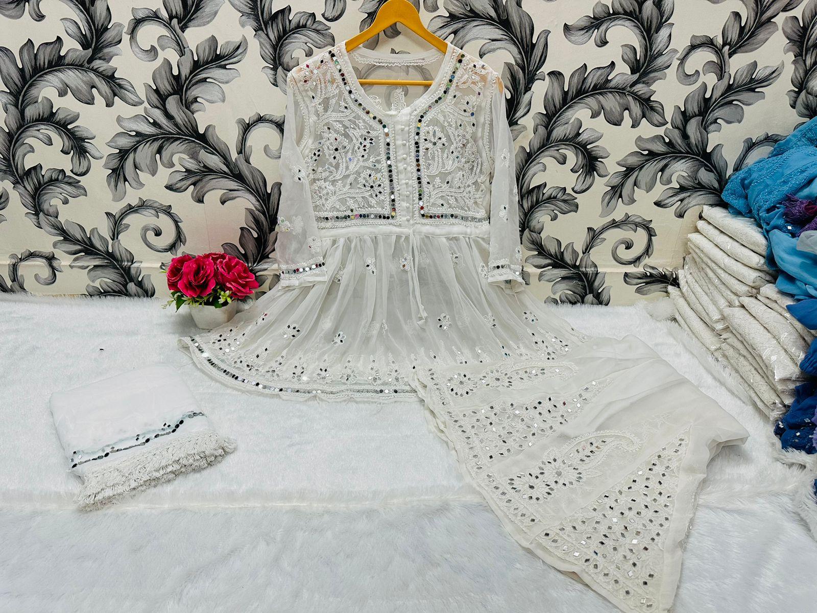 White Glimmering Georgette Mirror Work Short Gown, Dupatta, and Sharara Full Combo Set - Inayakhan Shop 
