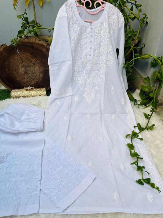 White Graceful Cotton Chikankari Work Set: Kurti + Pant up to 6 XL ++ Sizes - Inayakhan Shop 