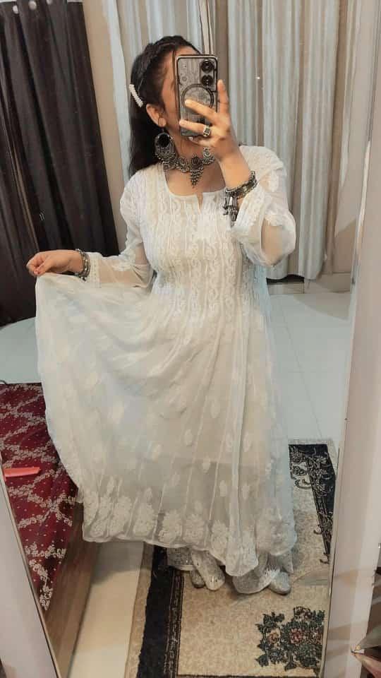 White Graceful Georgette Kurti with Chikankari Sharara Set - Inayakhan Shop 