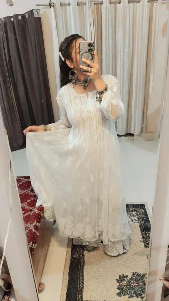 White Graceful Georgette Kurti with Chikankari Sharara Set - Inayakhan Shop 