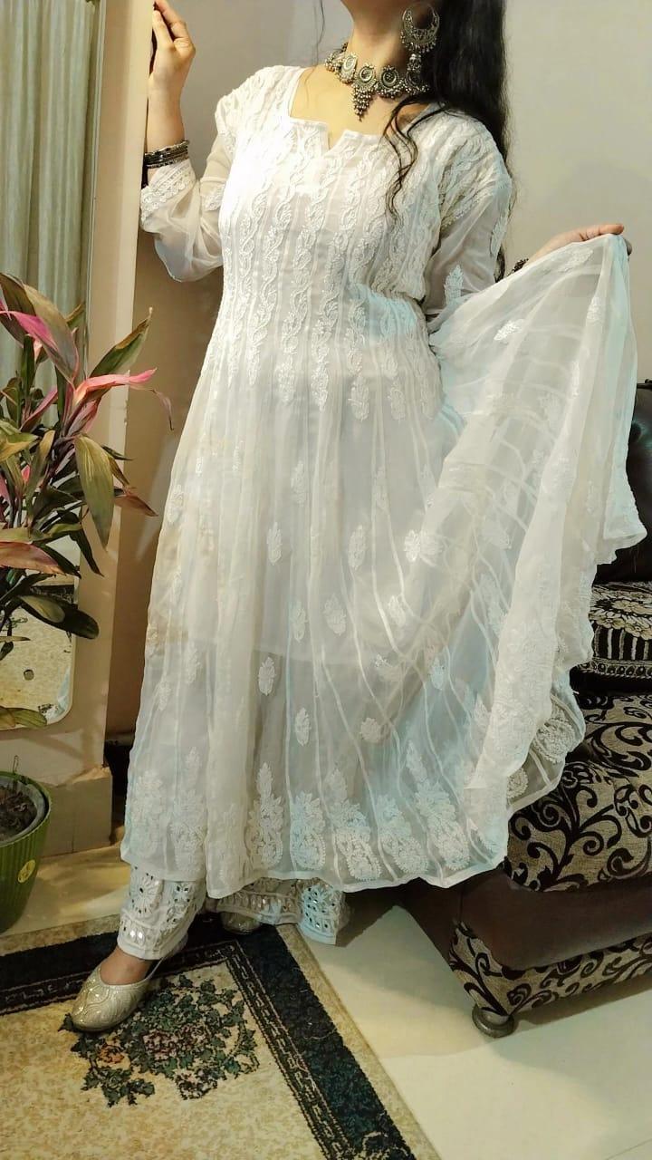 White Graceful Georgette Kurti with Chikankari Sharara Set - Inayakhan Shop 