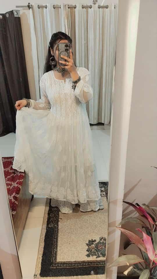 White Graceful Georgette Kurti with Chikankari Sharara Set - Inayakhan Shop 