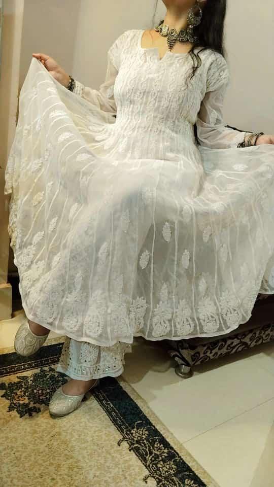 White Graceful Georgette Kurti with Chikankari Sharara Set - Inayakhan Shop 