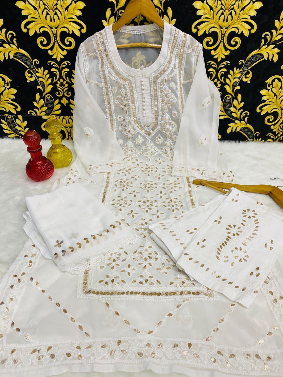 White Graceful Lucknawi Georgette Chikankari GotaPatti Ensemble (Inner Included) - Inayakhan Shop 