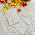 White Lucknow Chikankari Hand Work Dobby Cotton Tone-to-Tone 3-Piece Co-ord Palazzo Set with Chiffon Dupatta