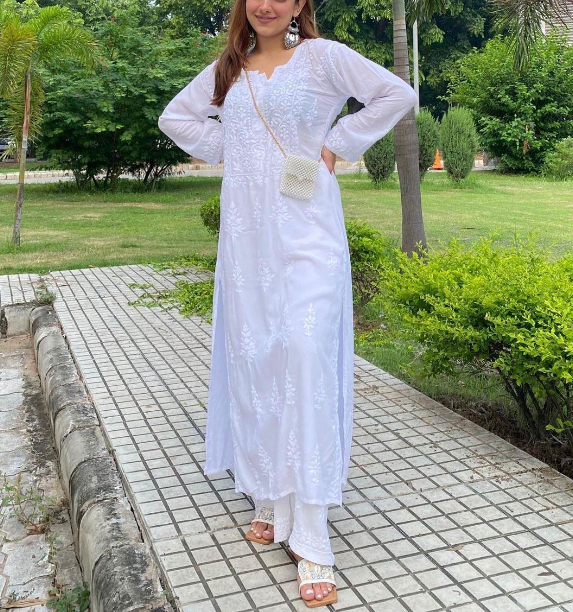 White Modal Straight Kurti with Fine Handwork Embroidery Shopping Online - Inayakhan Shop 
