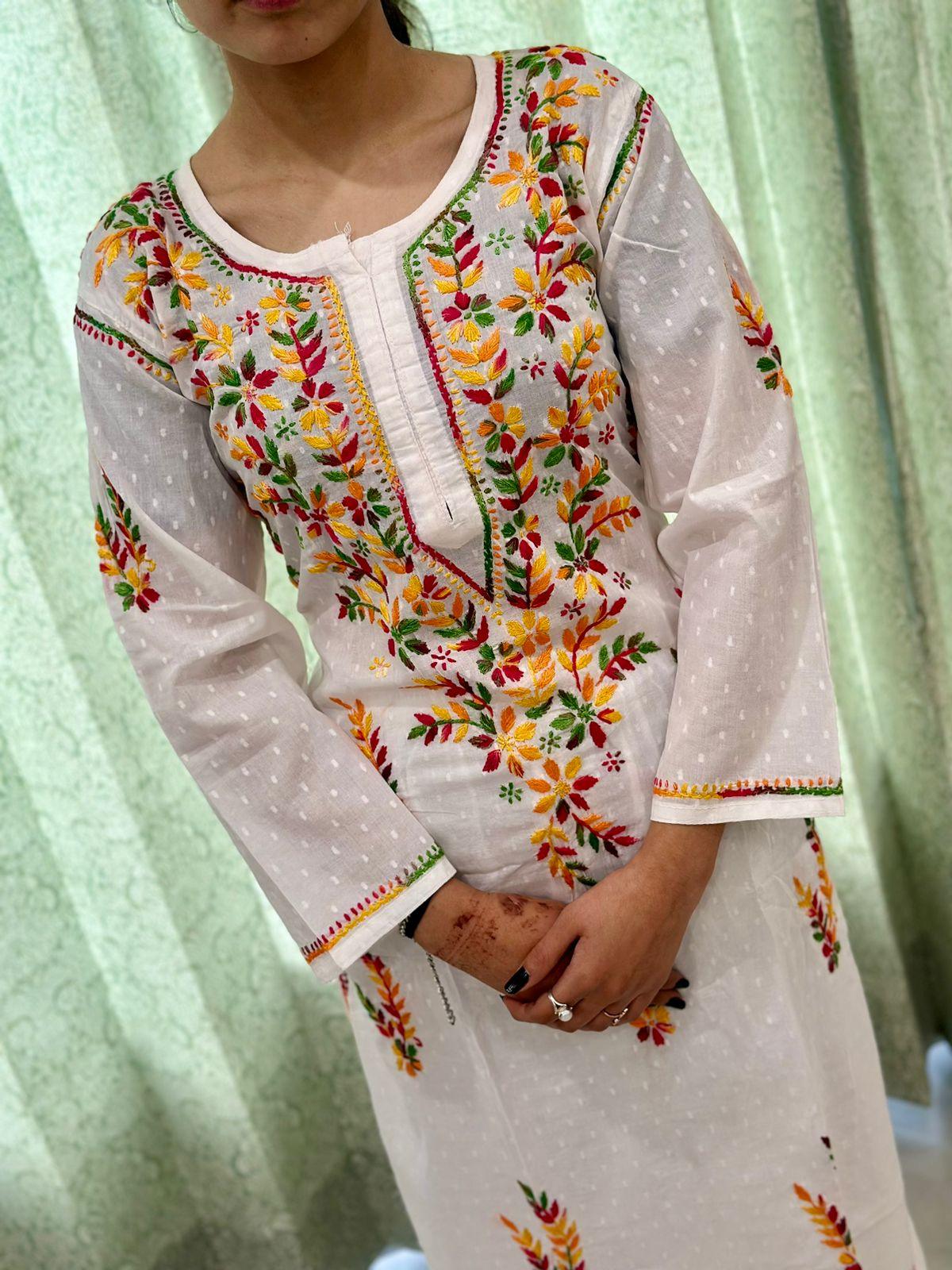 White Multicolor Chikankari Work Elegance Lucknowi Fusion Kurta Set - Inayakhan Shop 