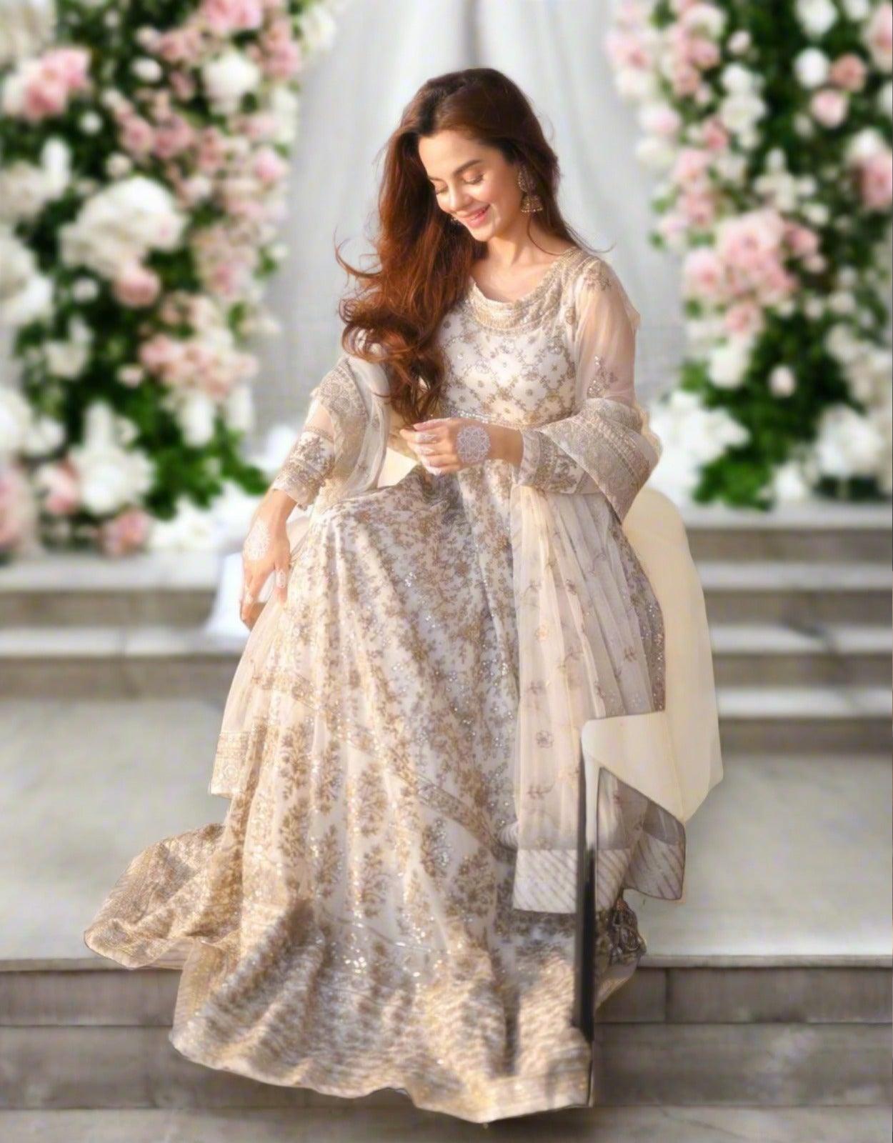 White Pakistani Style Sharara Suit Salwar Kameez Set - Inayakhan Shop 