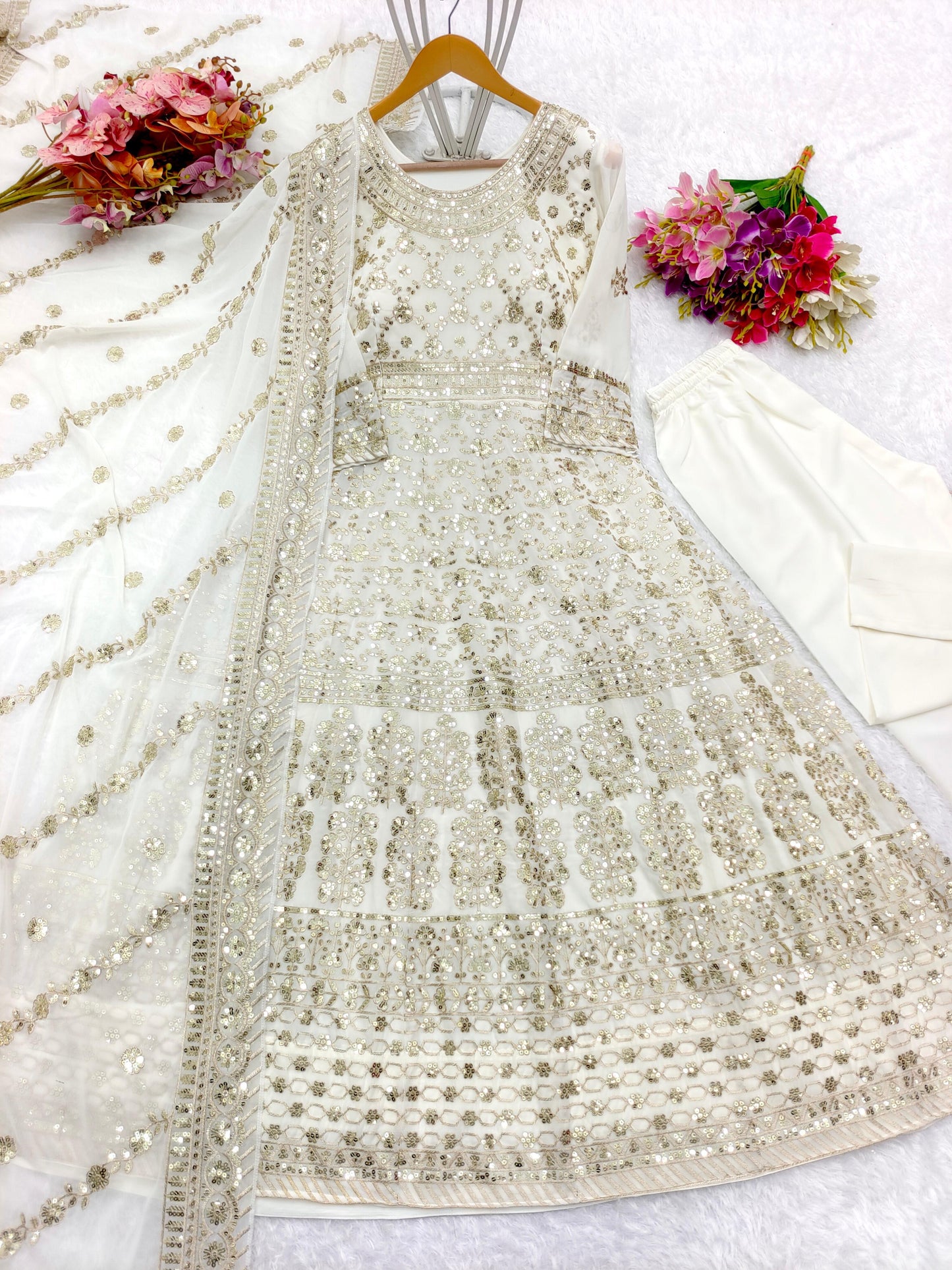 White Pakistani Style Sharara Suit Salwar Kameez Set - Inayakhan Shop 