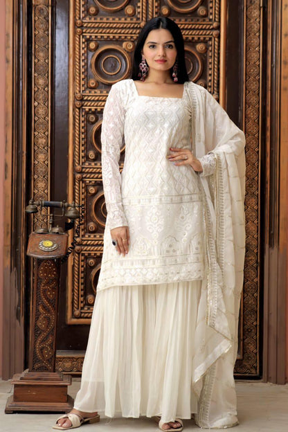 White Premium Designer Readymade Top-Sharara-Dupatta Collection - Inayakhan Shop 